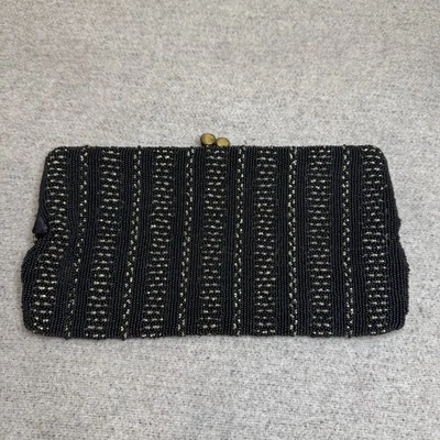 Saks Fifth Ave Clutch Black Beaded Gold 9x4 Kiss Lock Evening Bag Retro VTG - Image 1 of 4