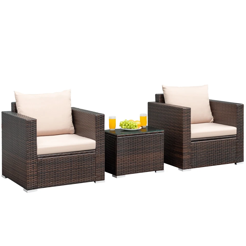 3 Pcs Patio Conversation Rattan Furniture Set With Cushion - Color Beige