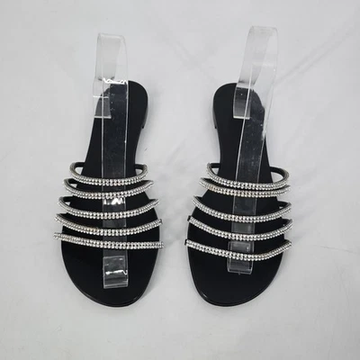 Slides planos Giuseppe Zanotti enfeitados com tiras de diamante preto tamanho 40,5 - Imagem 1 de 4