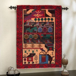 Tribal Afghan Pictorial Village Scenery Carpet Wool Rug Handmade 2'8x4'1ft 10255 - Picture 1 of 8