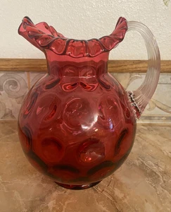 Vintage Fenton, ruffled, coin dot optic, cranberry pitcher- 10" - Picture 1 of 8