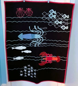 🔴 Land of Nod Quilt Aquatic Baby Crib Blanket Fish Lobster 100% Cotton - Picture 1 of 9