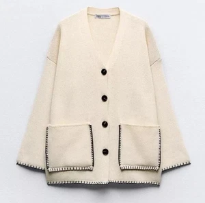 Zara Knit Ladies Cream Knitted Cardigan With Contrast Topstitching Size Medium - Picture 1 of 9