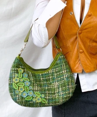 Vintage Tweed Small Hobo Bag Purse Minicci Greeen Blue Embroidered - Image 1 of 4