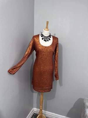 Next Gold Sequin Long Sleeve Mini Dress Party Evening Wear Uk Size 14 - Image 1 of 4
