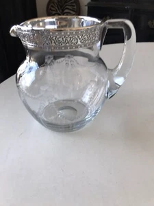 Antique Etched Glass Pitcher with Silver Rim - Picture 1 of 11