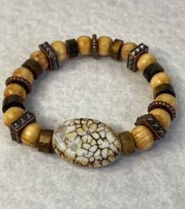 Crackle agate tiger eye copper wood beaded bracelet Unisex - Picture 1 of 4