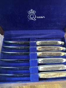 Vintage Queen Cutlery Stainless Steel Steak Knifes Six Stag Handle, Walnut box - Picture 1 of 8