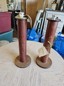 Vintage Industrial Wooden/composite Bobbins Spool Metal Textile Candlestick 13" - Picture 1 of 12