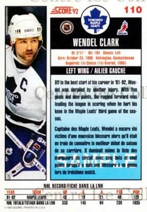 1992-93 Score Promos Samples Canadian #110 Wendel Clark - Picture 1 of 1