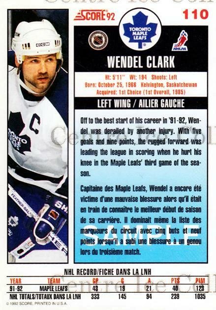1992-93 Score Promos Samples Canadian #110 Wendel Clark - Image 1 of 1