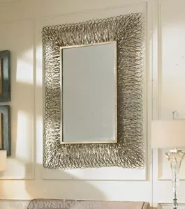 Contemporary 56" SILVER Frayed Shredded Metal Wall Mirror Modern Extra Large - Picture 1 of 5