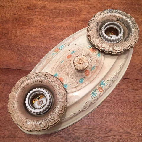 VTG Tin Enamel Ceiling Light Fixture Oval Flush Mount Pan Double Bulb Socket Cover