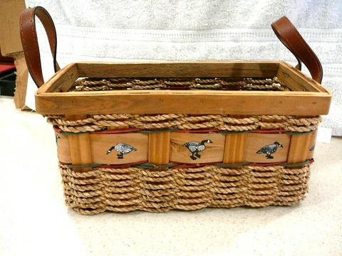 Bread/Multipurpose Wood & Cord Basket-w/Painted Geese-Leather Handles Cover