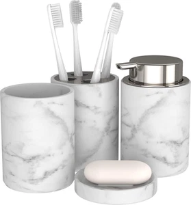 Marmora Bathroom Accessories Set – 4-Piece Marble Look Bathroom Set, Soap Dish, - Picture 1 of 12