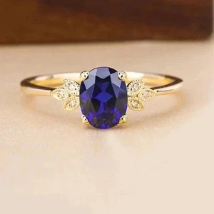 Alianza de diamantes de zafiro azul corte ovalado de 3,26 quilates de oro amarillo macizo de 14 quilates - Imagen 1 de 5