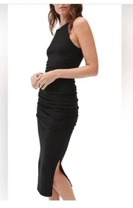 NEW Michael Stars Wren Ribbed Midi Dress Women's Sz S Black Tank Ruched Slit NWT - Picture 1 of 14