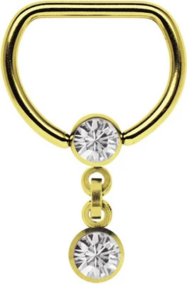 Piercing Capezzolo Anello-D Con Steg Catena Due 5mm Zirconia Sfere Placcato Oro - Immagine 1 di 2