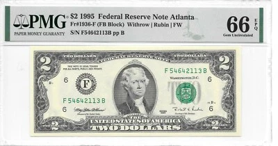 1995 ATLANTA $2 FRN (FB Block) PMG 66 EPQ GEM UNCIRCULATED - Image 1 of 4
