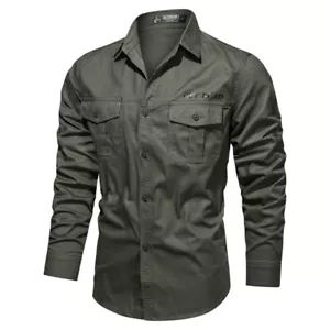 Mens Military Shirts Clothes Long Sleeve Pockets Army Cotton Casual Shirts Tops - Picture 1 of 19