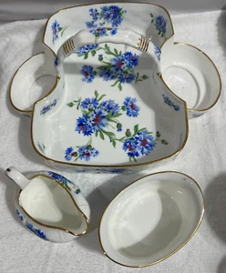 Hammersley Erdbeerkorb Zucker Milchkännchen 3-teiliges Set blaue Blumen Kornblume EUC - Bild 1 von 10