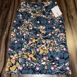 New LULAROE CASSIE Pencil Skirt Small 6-8 Blue Mustard Yellow Hibiscus 🌺 Pansy - Picture 1 of 15