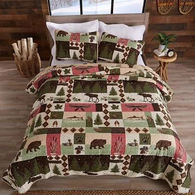 Green Brown Red Bear Duck Lodge 3 pc Quilt Set Twin Full Queen King Bed Coverlet - Image 1 of 4