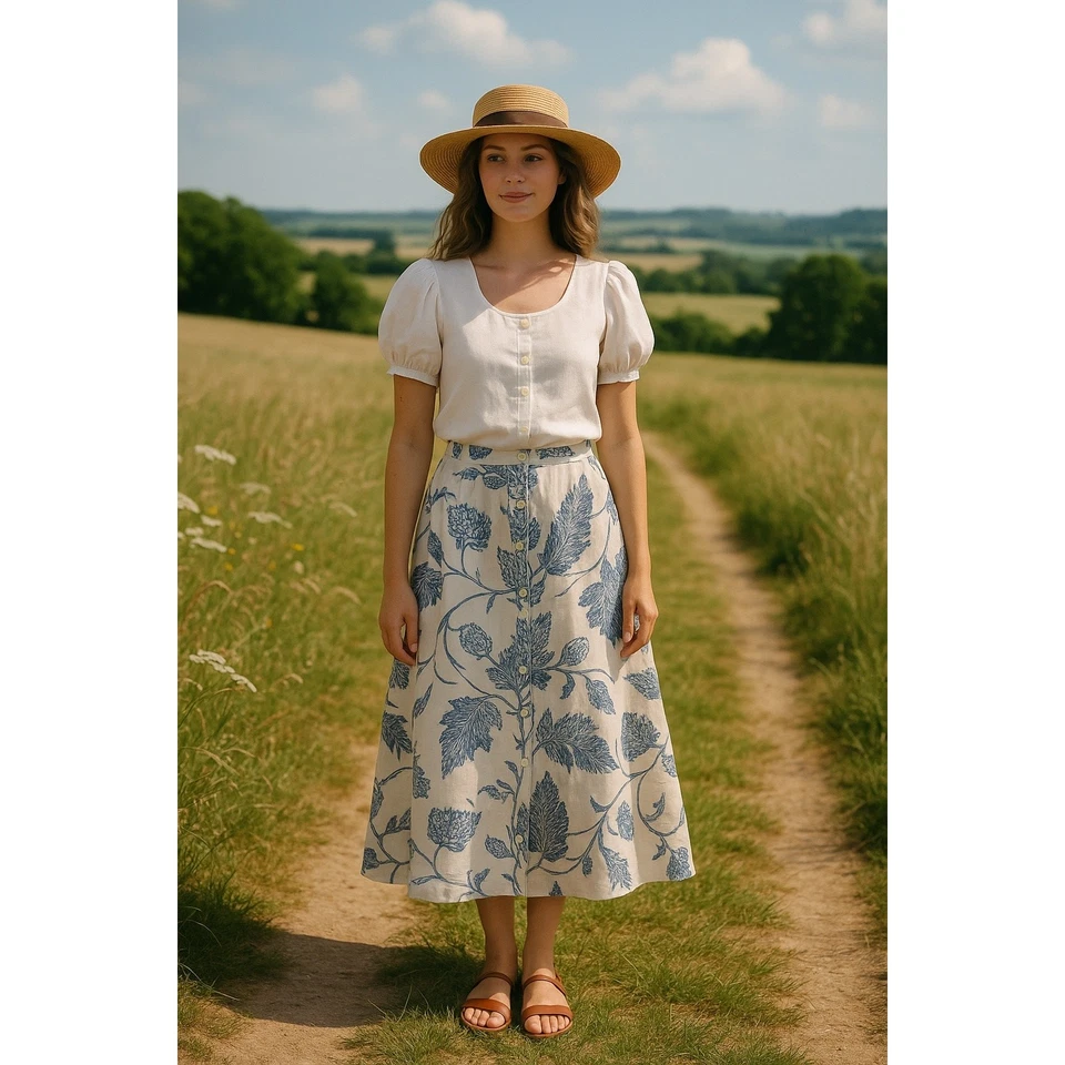 Saia Midi Vintage Ralph Lauren Anos 90 Linho Botão Frontal Azul Floral 14 Francês - Imagem 1 de 4