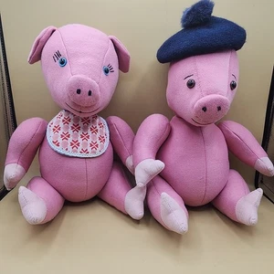 Vintage Französisches Schwein Plüsch Paar Handarbeit Stofftiere Paar 60er Jahre Volkskunst  - Bild 1 von 16