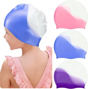 Zhanmai 3 Pieces Kids Swim Caps Medium, Blue White, Purple Pink White - Picture 1 of 7