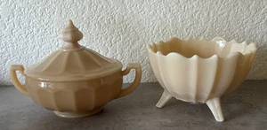Vintage Lot of 2 WESTMORELAND Glass Beige Slag Glass Covered & Footed Bowls Dish - Picture 1 of 12