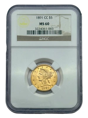 1891-CC $5 Gold Half Eagle, NGC MS60, Carson City Gold, Original Luster Coin. - Image 1 of 4