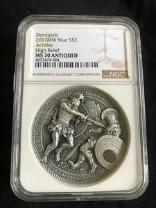 NGC MS70 2017 NIUE ACHILLES VS HECTOR - HEMATITE DEMIGODS 2 OZ SILVER COIN 2$ - Picture 1 of 6