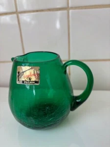 Jarra vintage hecha a mano con mango aplicado de vidrio verde esmeralda verde craquelado 4" - Imagen 1 de 5