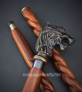 Antique Brass Wooden Walking Stick Wolf Head Handle Walking Stick Wooden Walking - Picture 1 of 4