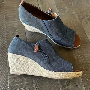 Comfortview Marci Denim Fabric Side Zip Peep Toe Wedge Sandals New No Box Sz 9W - Picture 1 of 6
