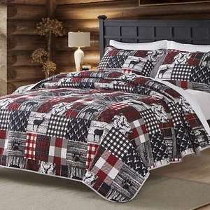 Cabin Quilt Set Queen, Christmas Rustic Quilt Coverlet Bed Set, 3-Piece Light... - Picture 1 of 7