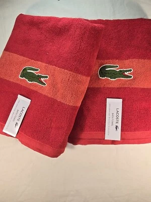 NWT LACOSTE RED Cotton Bath Towels 30"x 52" Big Crocodile Logo Set Of 2 - Image 1 of 4