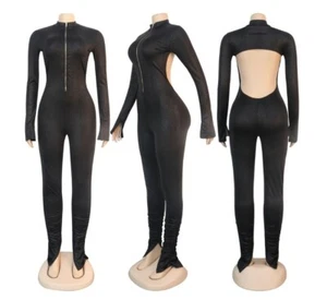 NEW Women Sexy Backless Long Sleeve Skinny Slit Stacked Club Party Jumpsuit #K - Picture 1 of 12