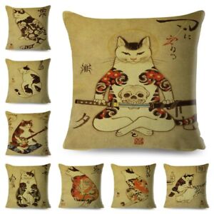 Vintage Japanese Samurai Cat Tattoo Cushion Cover Decor Retro Animal Pillowcase