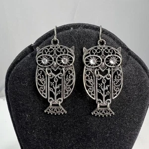 Crystal Eye Owl Antiqued Silver Tone Filigree Hook Dangle Articulated Earrings - Picture 1 of 3