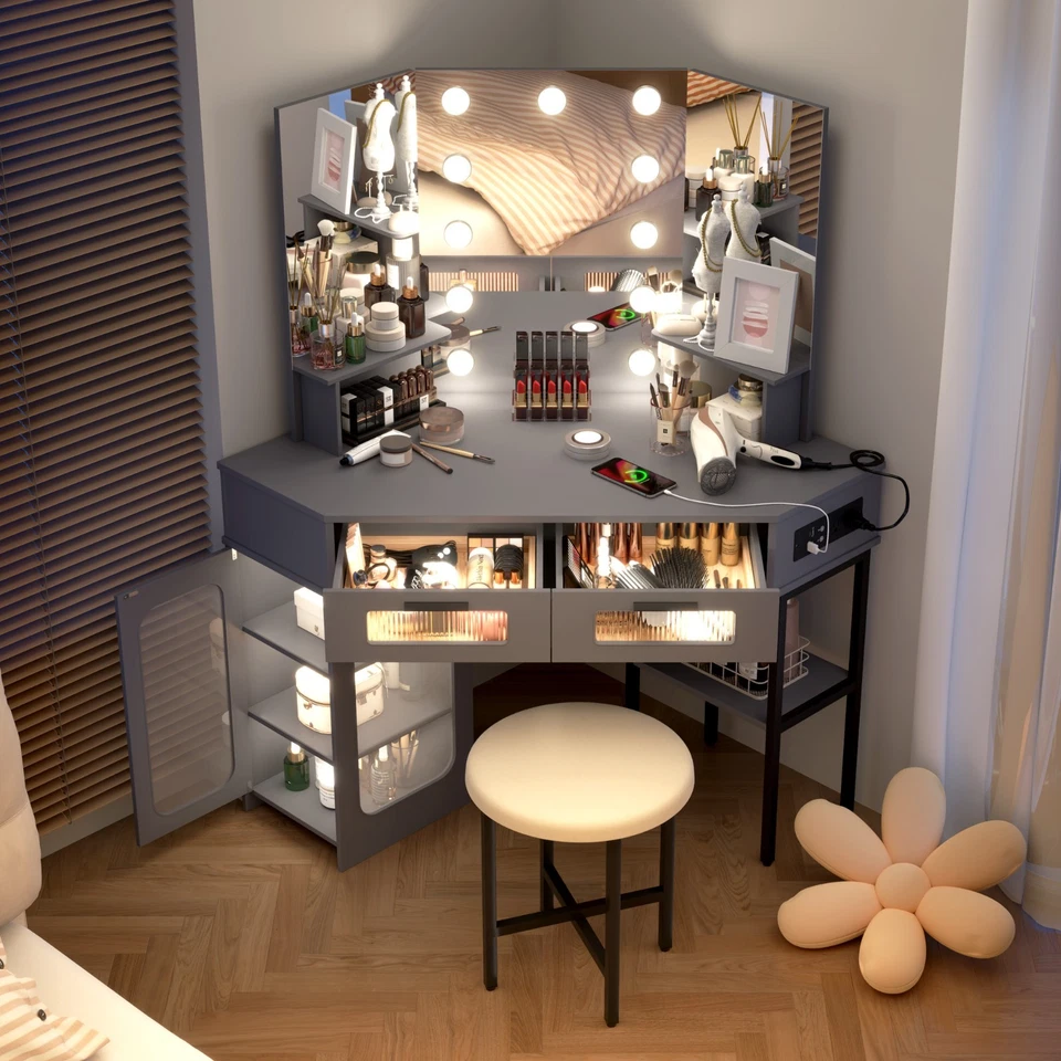 Tocador Escritorio Esquinero con Espejo y Luces, Mesa de Maquillaje con Estación de Carga Foto 1 de 1