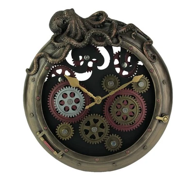 Steampunk Bronze Finish Octopus Porthole Wall Clock With Moving Gears - Image 1 of 3