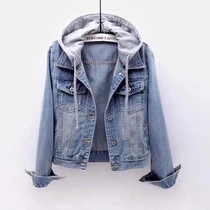 “Women’s Patchwork Denim Jacket Hooded Crop Coat Casual Korean Fashion Streetwea - Picture 1 of 15