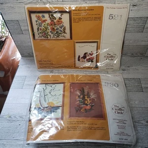 2 Crewel Embroidery Kits 521 & 330 Creative Circle 1980s Dog Bee Flowers Duck - Picture 1 of 7