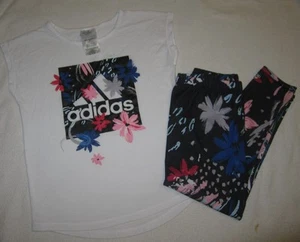 adidas Girls Floral SS Shirt Top Pants Leggings Set Outfit Size 7 - Picture 1 of 6