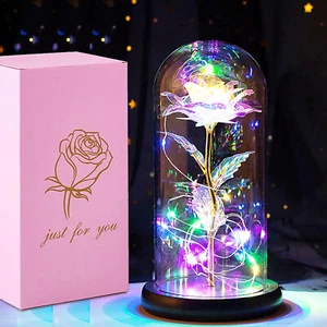 Enchanted Forever Rose Flower In Glass Dome LED Light Valentine's Day Gift Decor - Picture 1 of 14