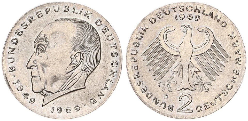 2 DM 1969 D J.406 Adenauer Misstrike On Too Small Planchet 104181 - Image 1 of 1