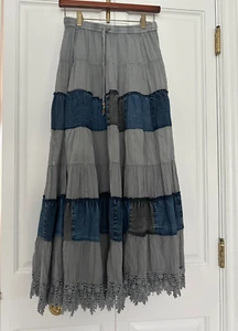 Young Threads Maxi Tiered Denim Prairie Skirt Embroidered NWT India Sz. Small - Picture 1 of 10