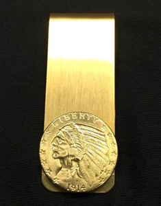 1908-1929 Gold Brass Indian Head $5 Half Eagle Coin Money Clip w/ Gift Box! - Picture 1 of 5